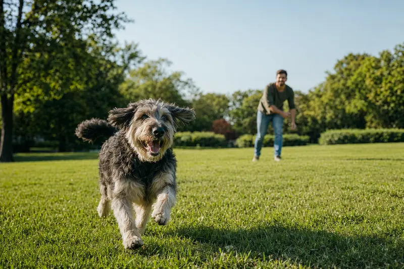 Ein fröhlicher Cão da Serra de Aires Hund läuft aktiv über eine grüne Wiese, während sein Besitzer im Hintergrund mit ihm spielt.
