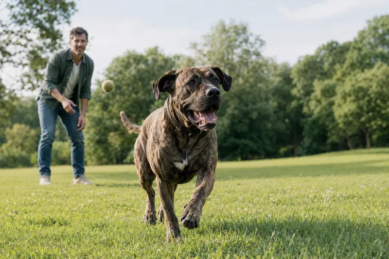 Ein vitaler Cao de Fila Hund läuft fröhlich über eine grüne Wiese im Park, während sein Besitzer im Hintergrund mit ihm spielt.