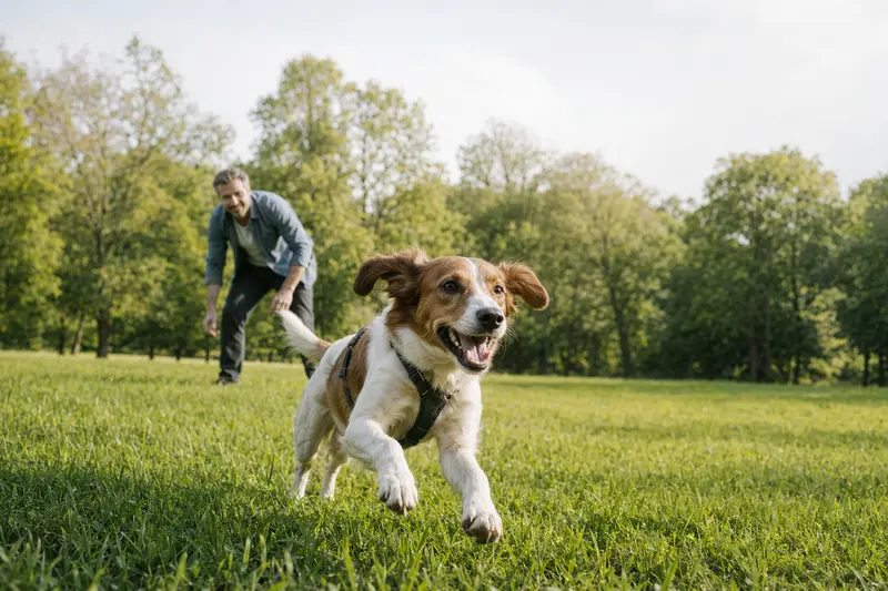 Ein fröhlicher Caravan Hound läuft mit seinem Besitzer über eine grüne Wiese im Park an einem sonnigen Tag.
