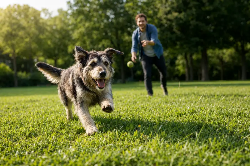 Ein fröhlicher Carpatin Hund läuft über eine grüne Wiese, während sein Besitzer im Hintergrund mit ihm spielt.