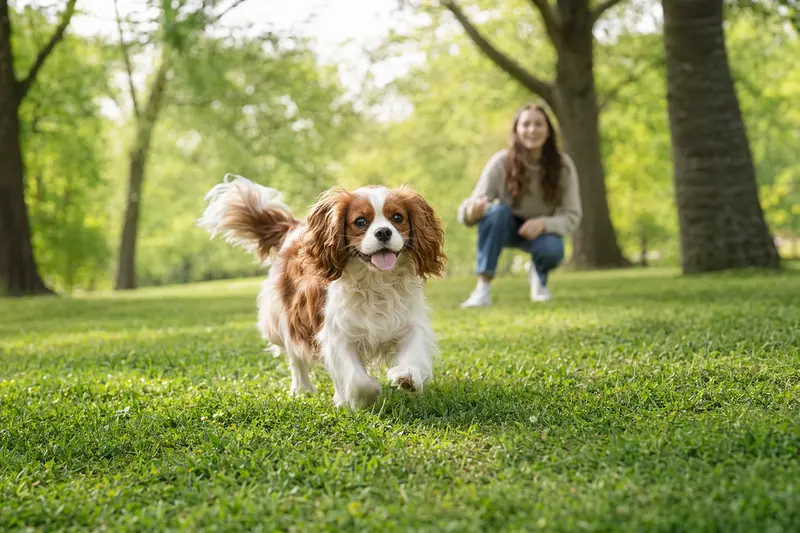 Ein vitaler Cavalier King Charles Spaniel läuft fröhlich über eine grüne Wiese, während sein Besitzer im Hintergrund spielt.