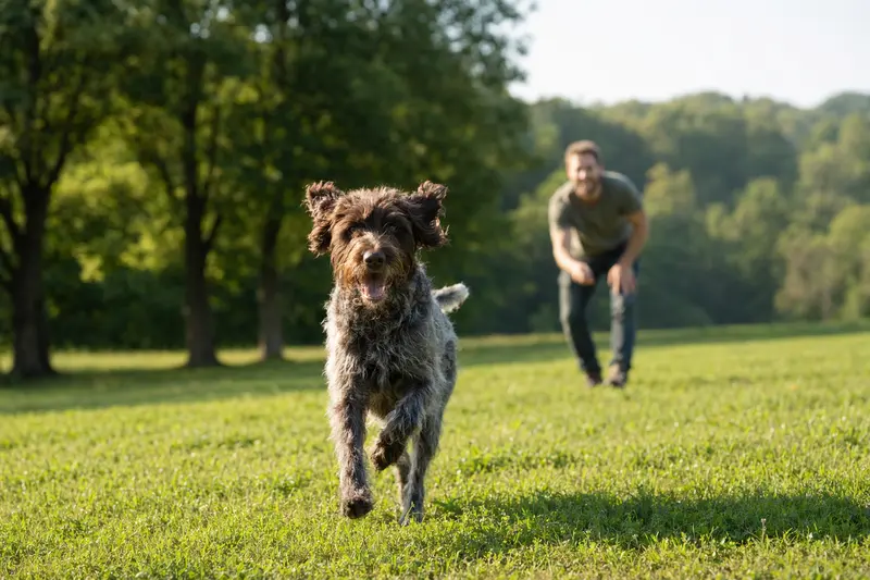 Ein fröhlicher Cesky Fousek Hund genießt einen sonnigen Tag auf einer Wiese, während sein Besitzer im Hintergrund mit ihm spielt.