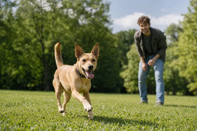 Ein fröhlicher Charnegui Hund läuft aktiv über eine grüne Wiese, während sein Besitzer im Hintergrund spielt.