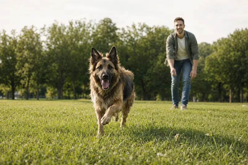 Ein vitaler Chien de Trait Belge läuft fröhlich über eine grüne Wiese im Park, während sein Besitzer im Hintergrund mit ihm spielt.