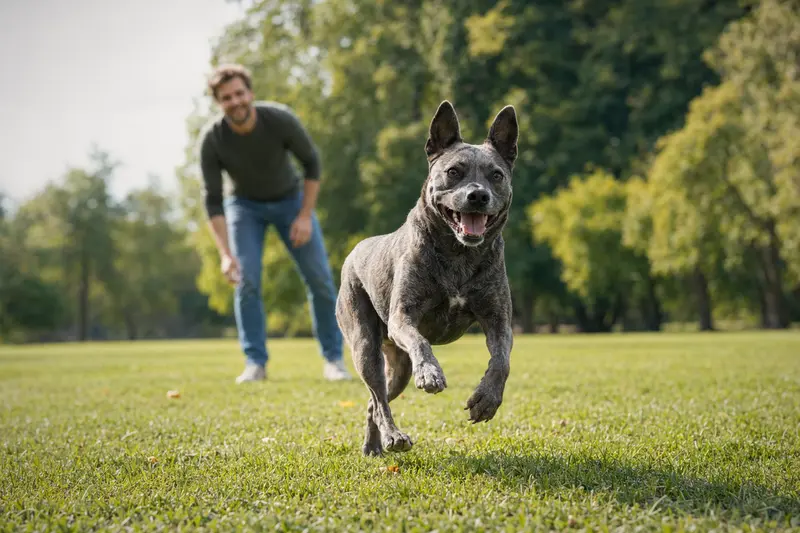 Ein fröhlicher Chincha Bull Hund rennt über eine grüne Wiese, während sein Besitzer im Hintergrund spielt.