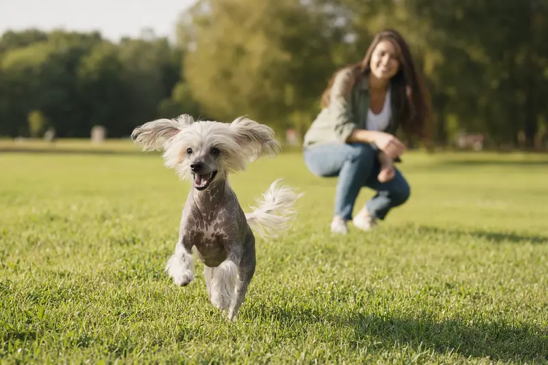 Ein fröhlicher Chinesischer Haarloser Schopfhund läuft über eine grüne Wiese, während sein Besitzer im Hintergrund spielt.