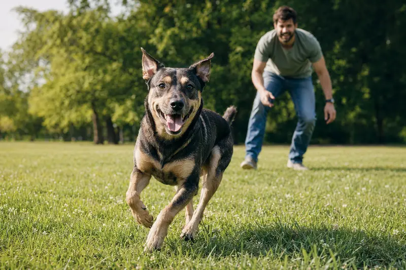 Ein gesunder Chinesischer Kampfhund läuft fröhlich über eine grüne Wiese, während sein Besitzer im Hintergrund mit ihm spielt.