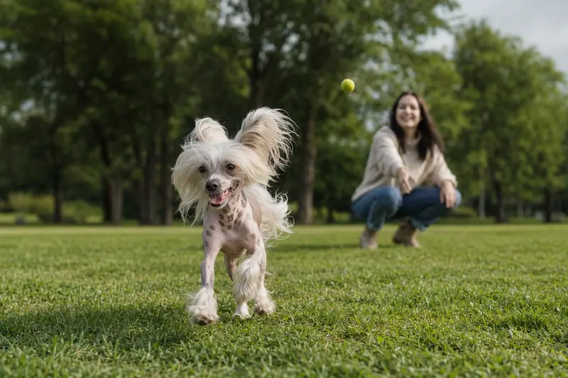 Ein fröhlicher Chinesischer Schopfhund läuft aktiv über eine grüne Wiese, während sein Besitzer mit ihm spielt.