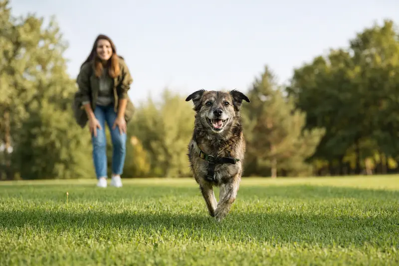 Ein fröhlicher Chodenhund läuft über eine grüne Wiese, während sein Besitzer im Hintergrund mit ihm spielt und die Sonne scheint.