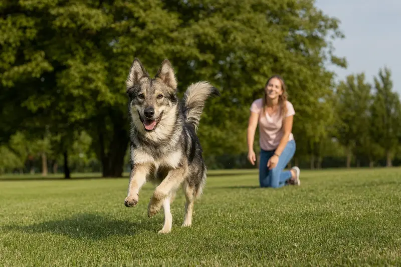 Ein Chodsky pes Hund läuft fröhlich über eine grüne Wiese, während sein Besitzer im Hintergrund mit ihm spielt.