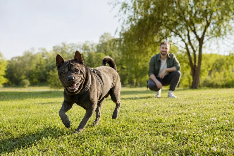 Ein fröhlicher Chongqing-Hund läuft über eine grüne Wiese, während sein Besitzer im Hintergrund spielt.