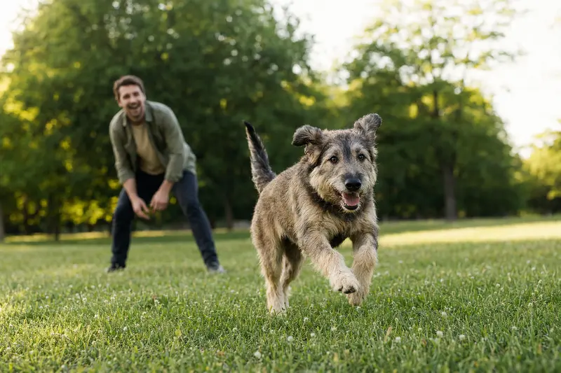 Ein fröhlicher Chortaj Hund läuft über eine grüne Wiese, während sein Besitzer im Hintergrund spielt, was eine positive und gesunde Lebensweise symbolisiert.