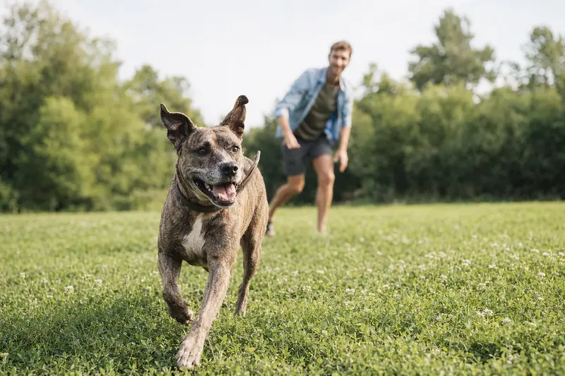 Ein vitaler Cimarron Uruguayo Hund läuft fröhlich über eine grüne Wiese im Park, während sein Besitzer im Hintergrund mit ihm spielt.