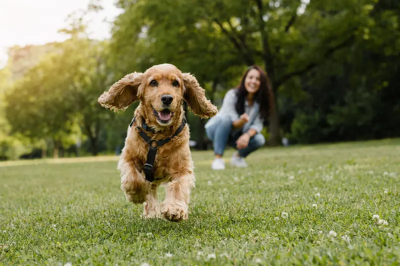 Ein fröhlicher Cocker Spaniel rennt über eine grüne Wiese, während sein Besitzer im Hintergrund mit ihm spielt.