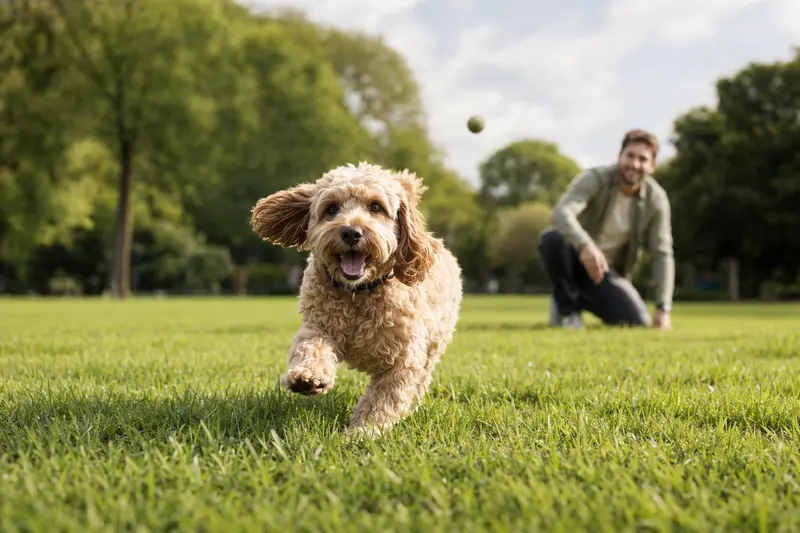 Ein fröhlicher Cockerpoo Hund läuft über eine grüne Wiese, während sein Besitzer im Hintergrund spielt.
