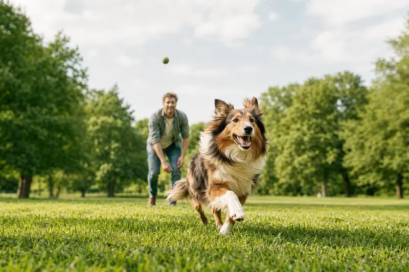 Ein fröhlicher Collie Hunde läuft über eine grüne Wiese, während sein Besitzer im Hintergrund spielt.