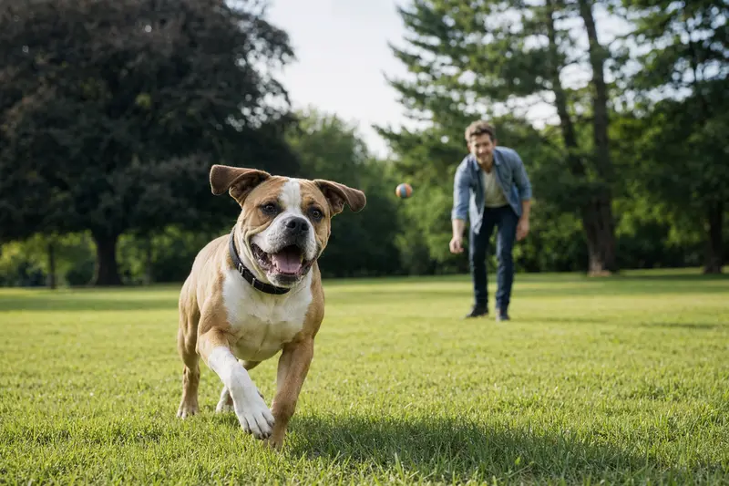 Ein lebensfroher Continental Bulldog rennt über eine grüne Wiese, während sein Besitzer im Hintergrund mit ihm spielt.
