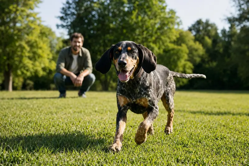 Ein fröhlicher Coonhound Hund läuft über eine saftige grüne Wiese, während sein Besitzer im Hintergrund mit ihm spielt und die Sonne scheint.