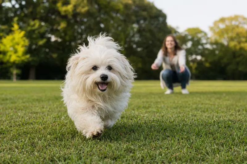 Ein fröhlicher Coton de Tulear Hund sprintet über eine grüne Wiese, während sein Besitzer im Hintergrund mit ihm spielt.