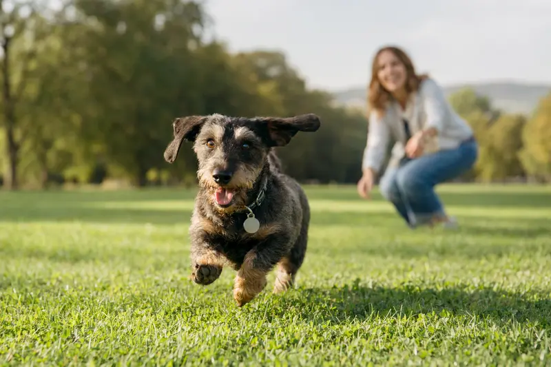 Ein glücklicher Dachshund läuft über eine grüne Wiese, während sein Besitzer im Hintergrund mit ihm spielt.