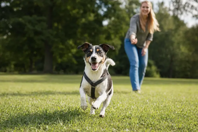 Ein Dänisch-Schwedischer Farmhund läuft fröhlich über eine grüne Wiese, während sein Besitzer im Hintergrund mit ihm spielt.
