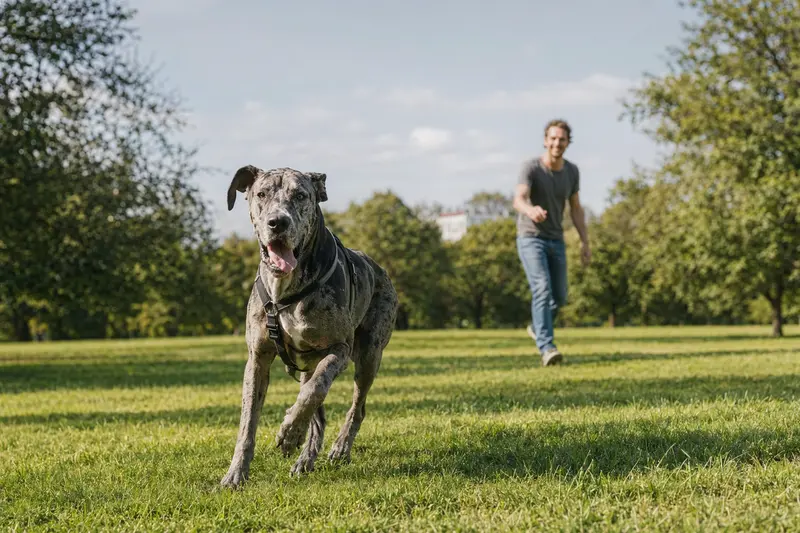 Eine fröhliche Dänische Dogge läuft aktiv über eine grüne Wiese, während ihr Besitzer mit ihr spielt.