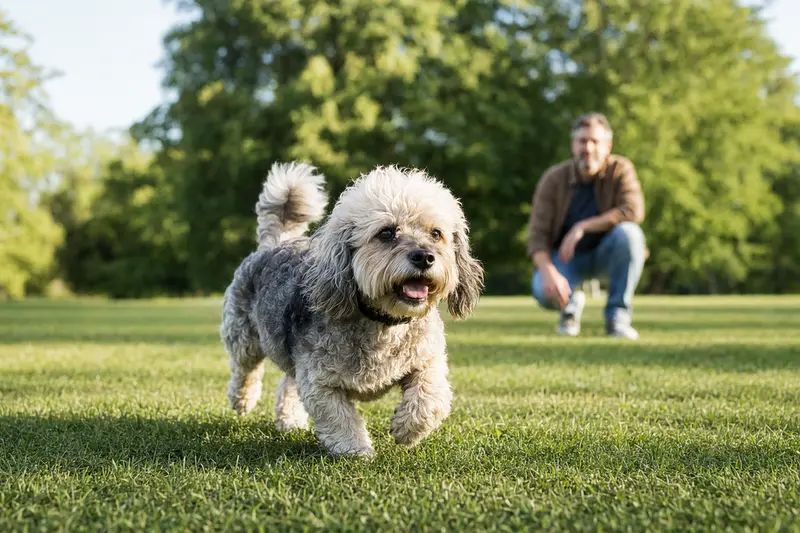 Ein Dandie Dinmont Terrier läuft fröhlich über eine grüne Wiese, während sein Besitzer hinter ihm spielt.