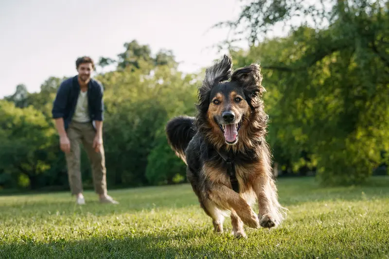Ein lebhafter Deutsch Langhaar Hund läuft fröhlich über eine grüne Wiese, während sein Besitzer im Hintergrund mit ihm spielt.