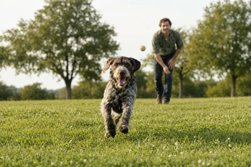 Ein vitaler Deutsch Stichelhaar Hund läuft fröhlich über eine grüne Wiese, während sein Besitzer im Hintergrund mit ihm spielt.