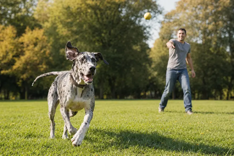 Eine vitale Deutsche Dogge läuft fröhlich über eine grüne Wiese, während ihr Besitzer im Hintergrund spielt.