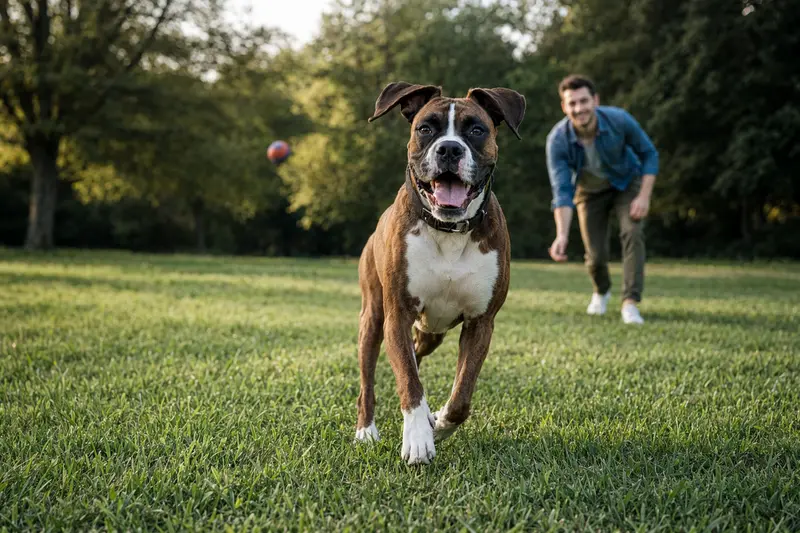 Ein fröhlicher Deutscher Boxer läuft über eine grüne Wiese, während sein Besitzer im Hintergrund mit ihm spielt.