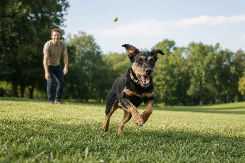 Ein vitaler Deutscher Jagdterrier läuft fröhlich über eine grüne Wiese im Park, während sein Besitzer im Hintergrund mit ihm spielt.
