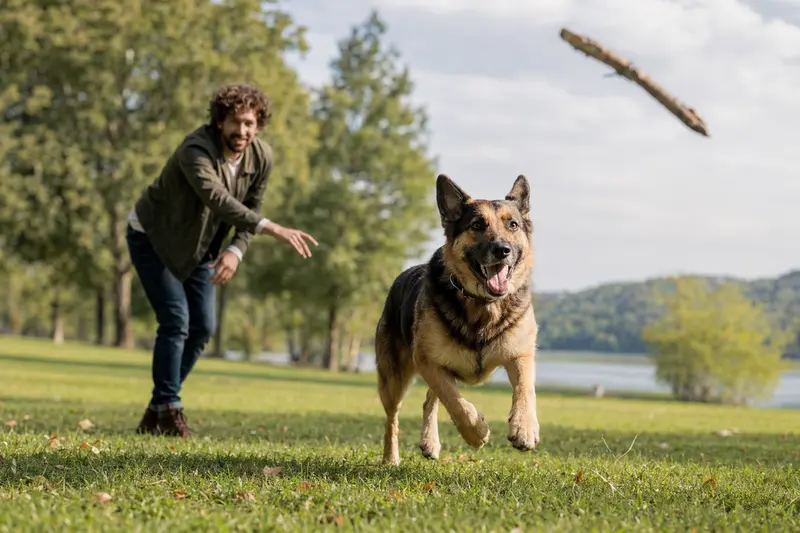 Vitaler Deutscher Schäferhund läuft fröhlich über eine grüne Wiese, während sein Besitzer im Hintergrund mit ihm spielt.