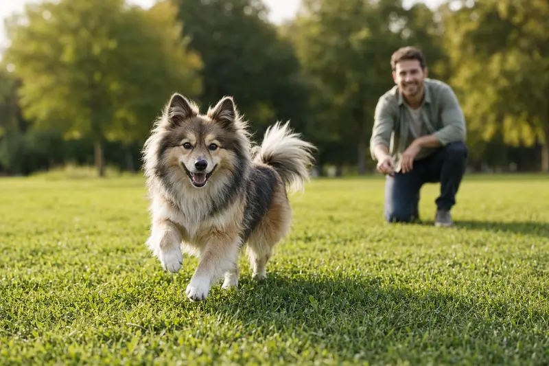 Ein Deutscher Spitz Hund läuft fröhlich über eine grüne Wiese, während sein Besitzer im Hintergrund mit ihm spielt.