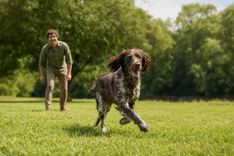 Ein vitaler Deutscher Vorstehhund (Langhaar) läuft fröhlich über eine grüne Wiese im Park, während sein Besitzer im Hintergrund mit ihm spielt.