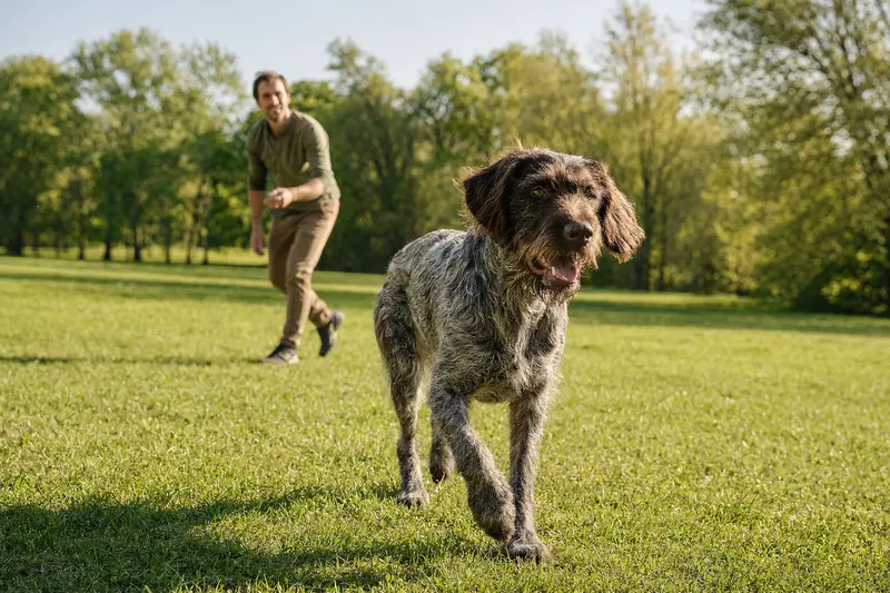 Ein fröhlicher Deutscher Vorstehhund läuft über eine grüne Wiese, während sein Besitzer im Hintergrund spielt und die Sonne scheint.