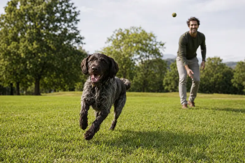 Ein vitaler Deutscher Wachtelhund läuft fröhlich über eine grüne Wiese, während sein Besitzer im Hintergrund spielt.