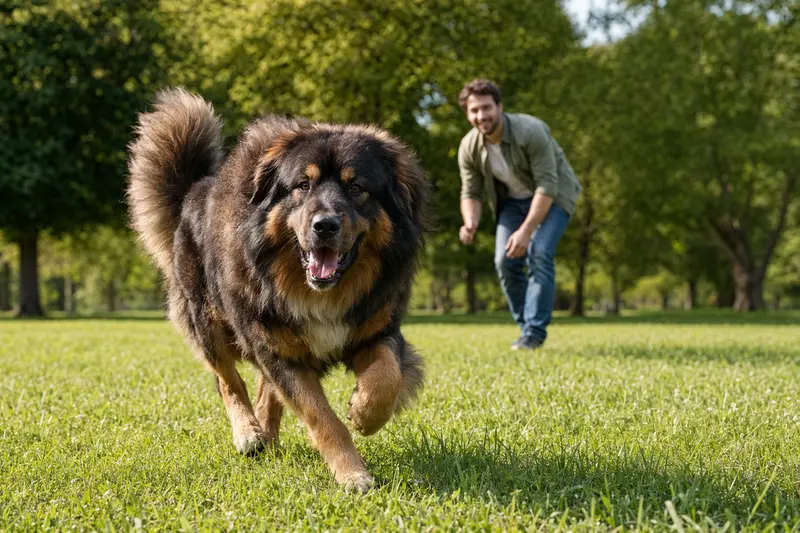 Ein fröhlicher Do Khyi Hund läuft über eine grüne Wiese, während sein Besitzer im Hintergrund mit ihm spielt und die Sonne scheint.
