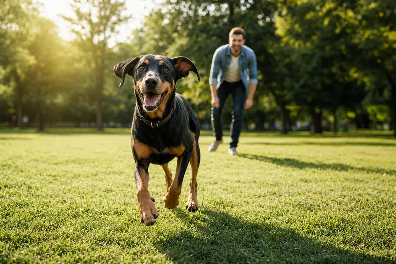 Ein vitaler Dobermann läuft glücklich über eine grüne Wiese, während sein Besitzer im Hintergrund spielt.
