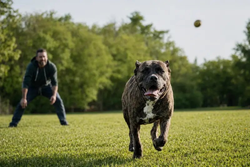 Ein lebensfroher Dogo Canario läuft fröhlich über eine grüne Wiese, während sein Besitzer im Hintergrund mit ihm spielt.
