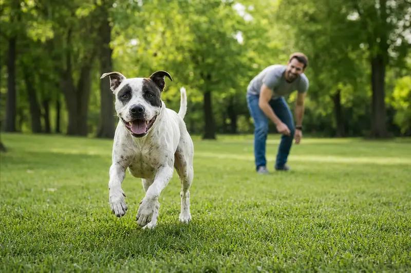 Ein lebhafter Dogo Mallorquin Hund spielt auf einer Wiese, während sein Besitzer im Hintergrund aktiv mit ihm interagiert.