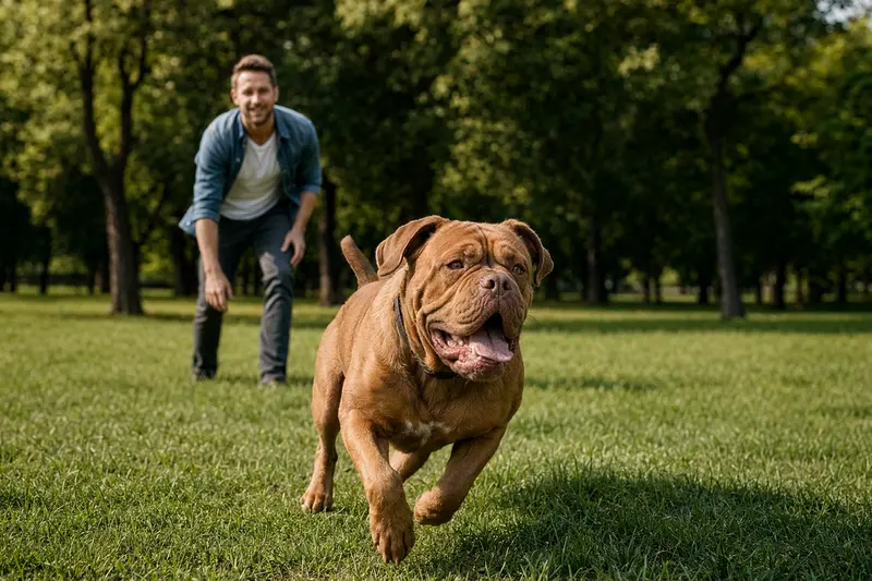Ein fröhlicher Dogue de Bordeaux Hund läuft aktiv über eine grüne Wiese, während sein Besitzer im Hintergrund spielt.