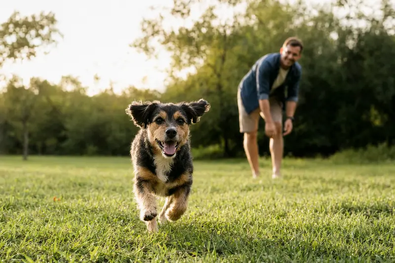 Ein glücklicher Doguillo Hund läuft auf einer grünen Wiese, während sein Besitzer im Hintergrund mit ihm spielt.