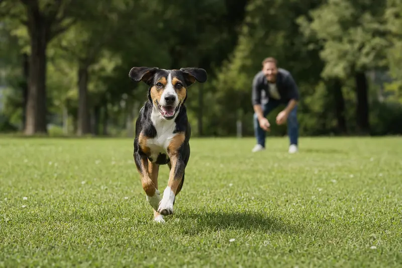 Ein dreifarbiger serbischer Laufhund läuft glücklich über eine grüne Wiese, während sein Besitzer im Hintergrund mit ihm spielt.