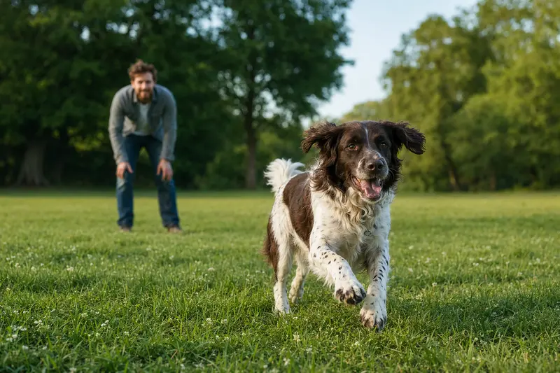 Ein vitaler Drentsche Patijshond läuft fröhlich über eine grüne Wiese im Park, während sein Besitzer im Hintergrund mit ihm spielt.