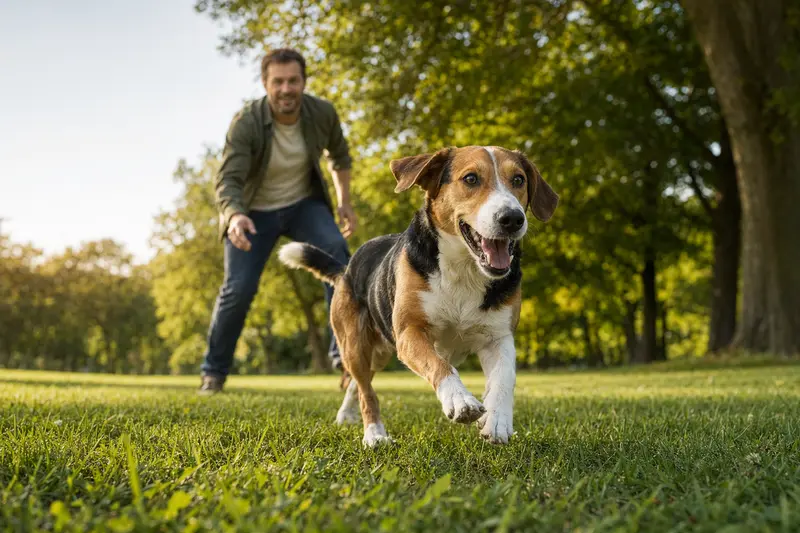 Ein froher Drever Hund springt über eine grüne Wiese, während sein Besitzer im Hintergrund spielt und die Sonne scheint.