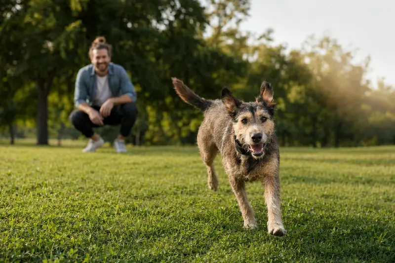 Ein vitaler Dürrbächler läuft fröhlich über eine grüne Wiese im Park, während sein Besitzer im Hintergrund mit ihm spielt.