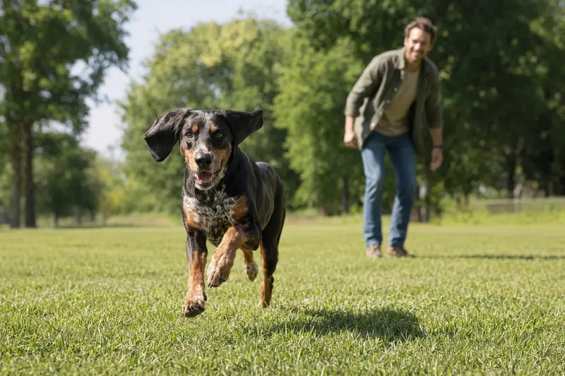 Ein vitaler Dunkerbracke Hund läuft fröhlich über eine grüne Wiese, während sein Besitzer im Hintergrund mit ihm spielt.