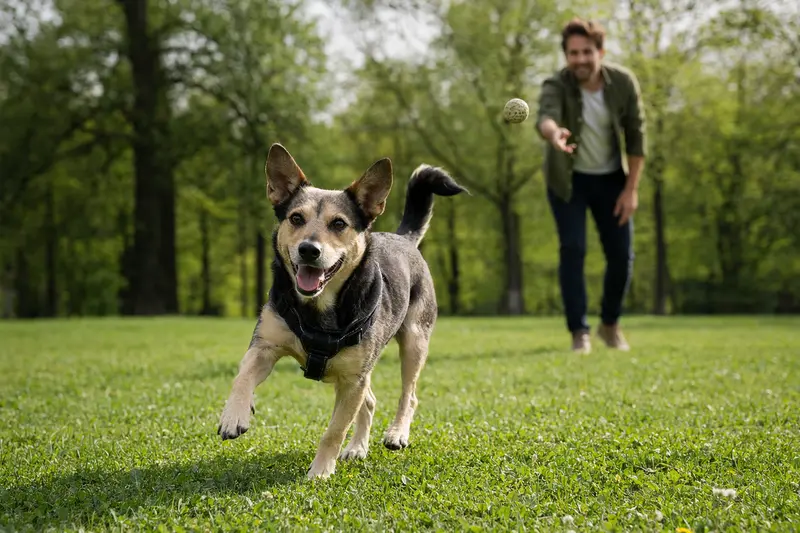 Ein lebendiger Ellenikos Ichnilatis Hund rennt über eine grüne Wiese, während sein Besitzer im Hintergrund mit ihm spielt.