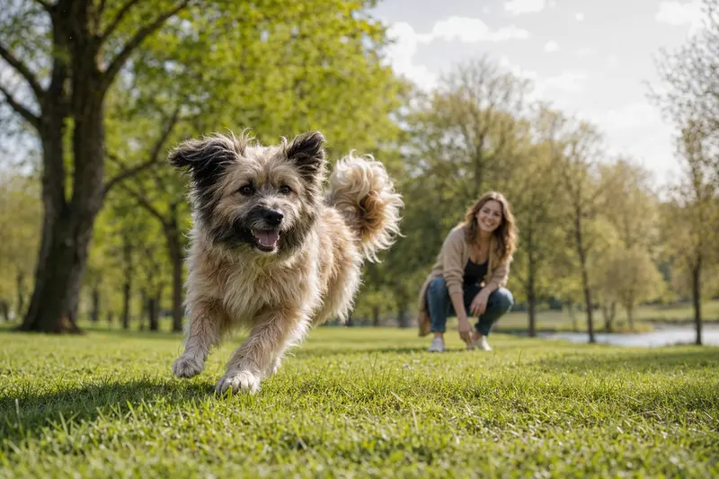 Ein vitaler Elo Hund läuft fröhlich über eine grüne Wiese, während sein Besitzer im Hintergrund spielt.